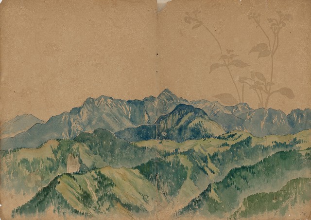 藏品:(1)山景；(2)野牛及野花的(1)張圖片