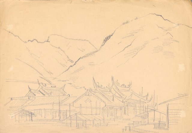 藏品:(1)群鶴草稿;(2)山中寺廟的(3)張圖片