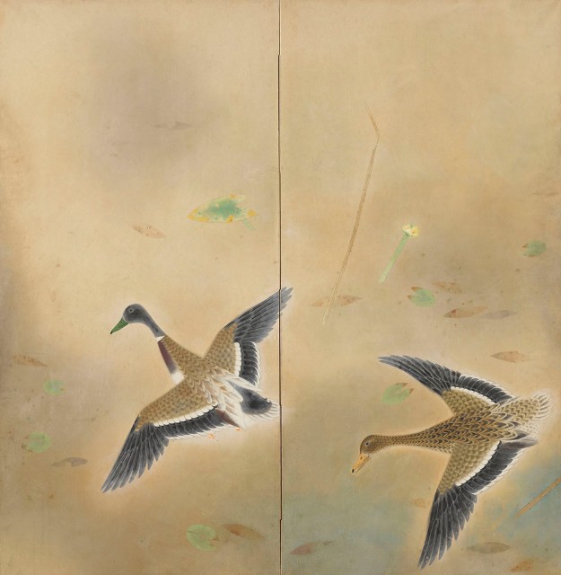 中山雪邨【雁・鴨】絹本　掛軸 中山雪邨【雁・鴨】絹本 掛軸 森白甫－雁鴨圖屏風四屏－