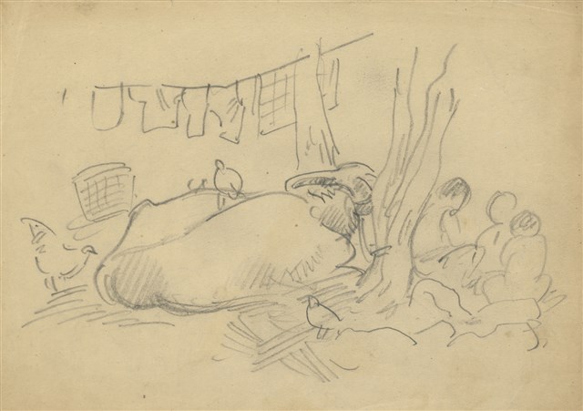 藏品:(1)室外水牛臥坐；(2)室外晾衣的(1)張圖片