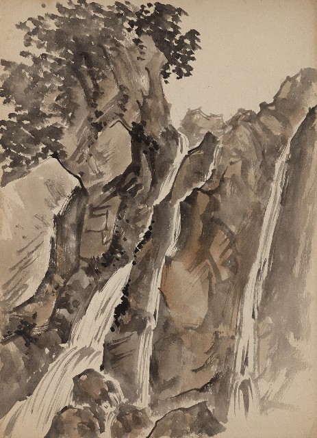 藏品:(1)岩石瀑布；(2)花鳥(畫稿)的(1)張圖片