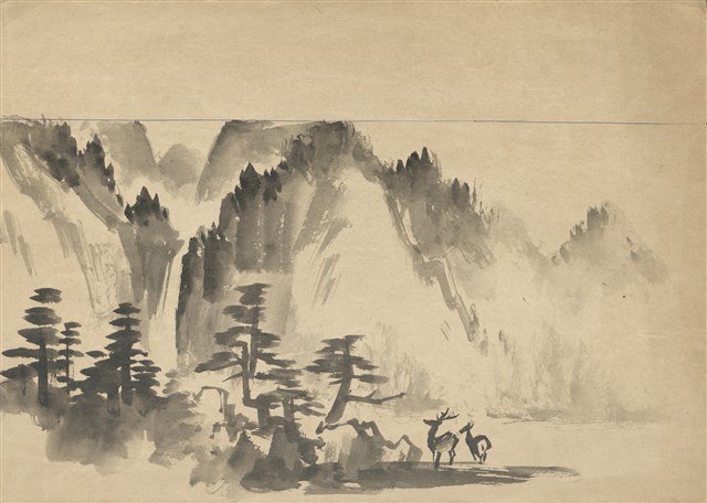 藏品:(1)山、松及雙鹿；(2)山、松及雙鹿的(1)張圖片