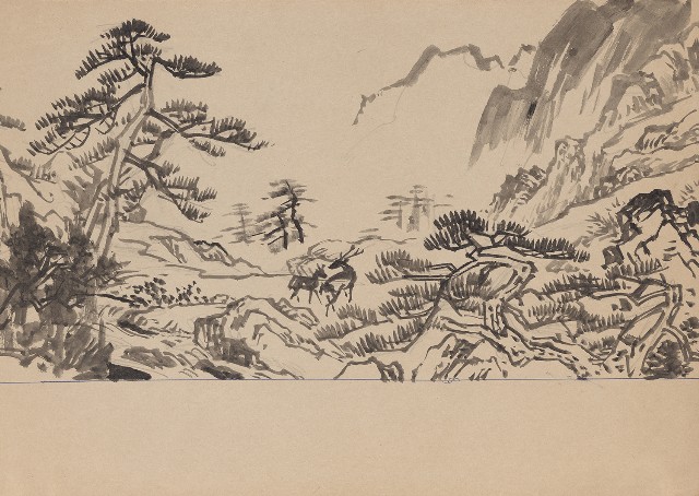 藏品:(1)山、松及雙鹿；(2)山、松及雙鹿的(2)張圖片
