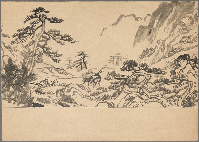 藏品:(1)山、松及雙鹿；(2)山、松及雙鹿的(3)張圖片