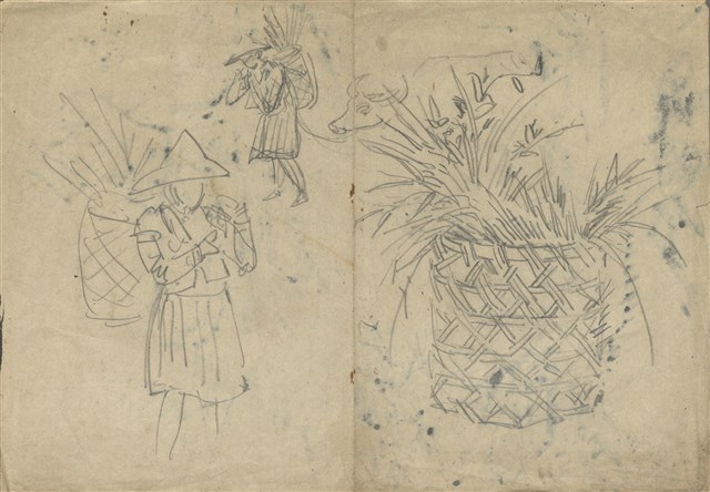 藏品:(1)一簍稻穗及 二女農、牛；(2)大樹與山、樹與山的(1)張圖片