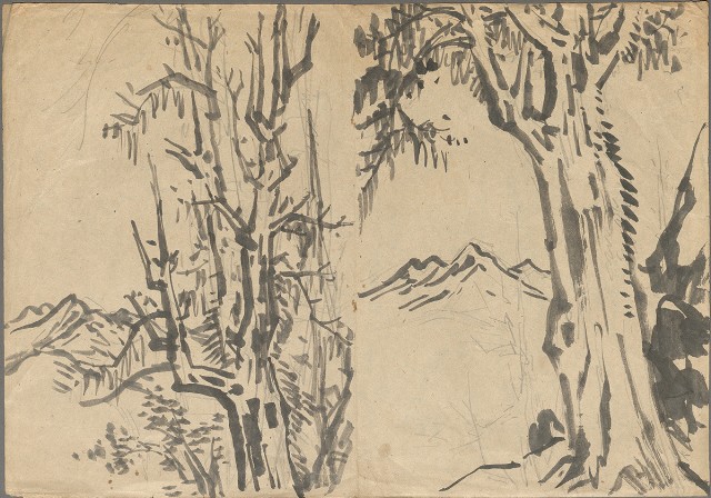 藏品:(1)一簍稻穗及 二女農、牛；(2)大樹與山、樹與山的(3)張圖片