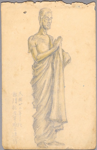 藏品:(1)速寫黃土水釋迦佛雕像；(2)廟的(1)張圖片