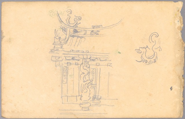 藏品:(1)速寫黃土水釋迦佛雕像；(2)廟的(2)張圖片