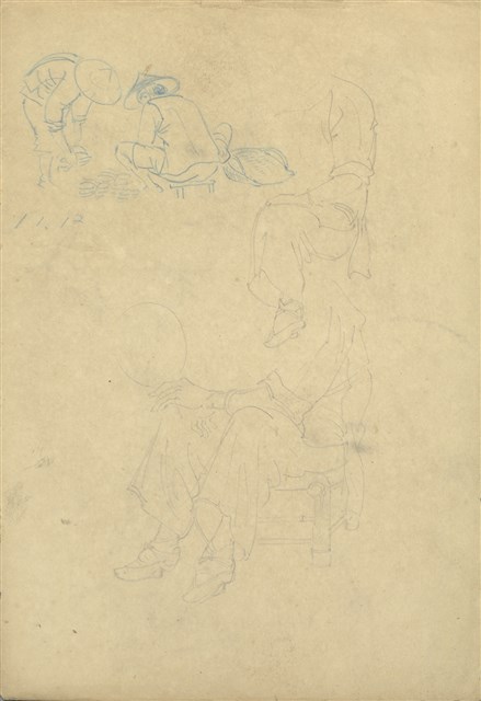 藏品:(1)人物；(2)農夫、牛耕田及老婆婆的(1)張圖片