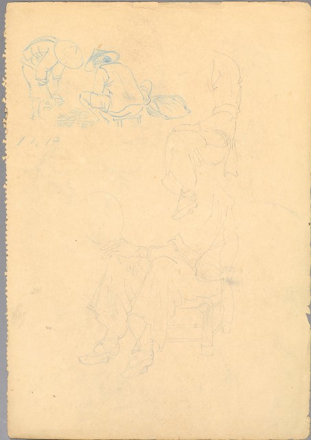 藏品:(1)人物；(2)農夫、牛耕田及老婆婆的(2)張圖片