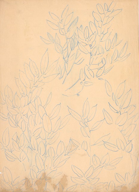 藏品:(1)樹葉；(2)鹿草圖的(2)張圖片