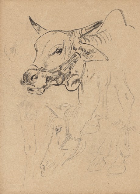 藏品:(1)黃牛 (1940南遊屏東即景寫牛群)；(2)黃牛與馬 (1940畫牛，1943畫馬)的(2)張圖片