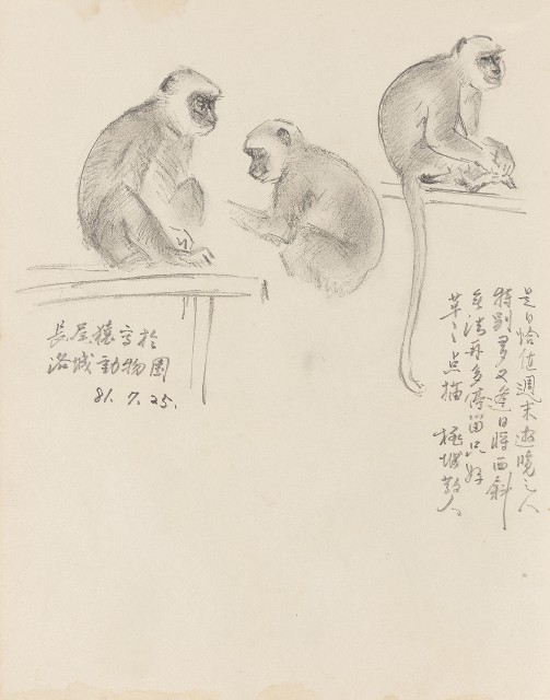 藏品:(1)寫孫女彈琴；(2)長尾猴的(2)張圖片