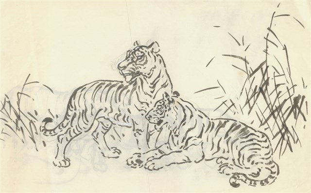 藏品:(1)雙虎(草稿)；(2)3隻虎 (他人畫、影印)的(1)張圖片