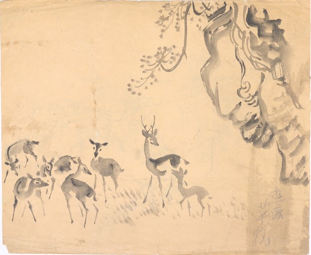 藏品:(1)遊鹿草稿；(2)像柳樹枝的(1)張圖片