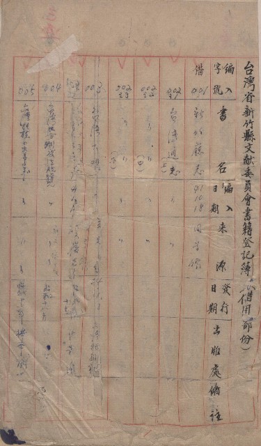 台灣省新竹縣文獻委員會書籍登記簿（借用部份）的圖片