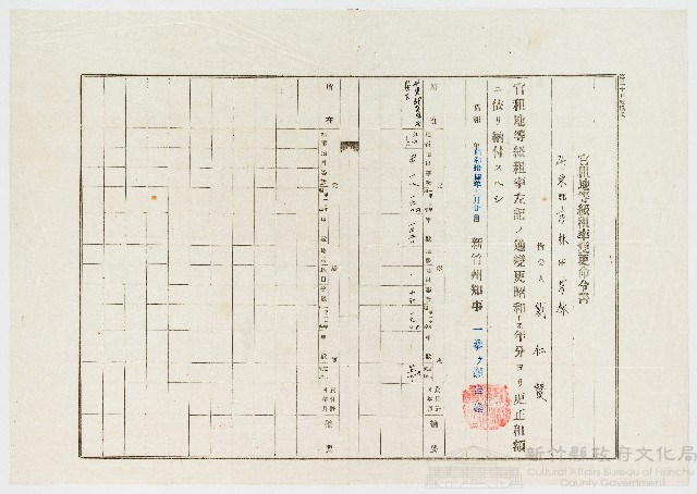 昭和14年12月20日新竹州知事一番ヶ瀨佳雄致劉仁贊官租地等級租率變更命令書藏品圖，第1張