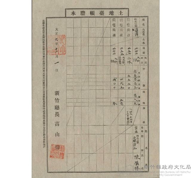 大正6年11月陳榮勝竹北一堡石壁潭土地臺帳謄本藏品圖，第1張