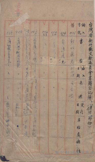 台灣省新竹縣文獻委員會書籍登記簿（借用部份）藏品圖，第1張