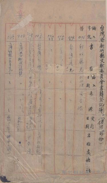 台灣省新竹縣文獻委員會書籍登記簿藏品圖，第1張