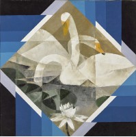 天鵝戲荷圖的圖片