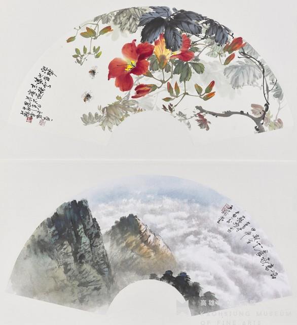 (Upper) Bees Working among Flowers (Lower) Towering Mountains in Morning Clouds Collection Image