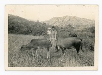 宜一抱著大兒子於家中農場留影藏品圖，第1張