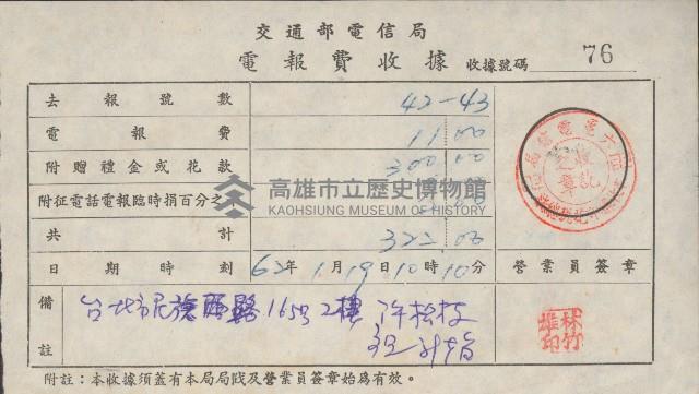 交通部電信局電報費收據藏品圖，第1張