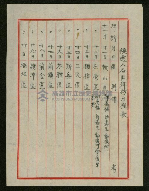 第七屆高雄市長選舉候選人各區拜訪日程表藏品圖，第1張