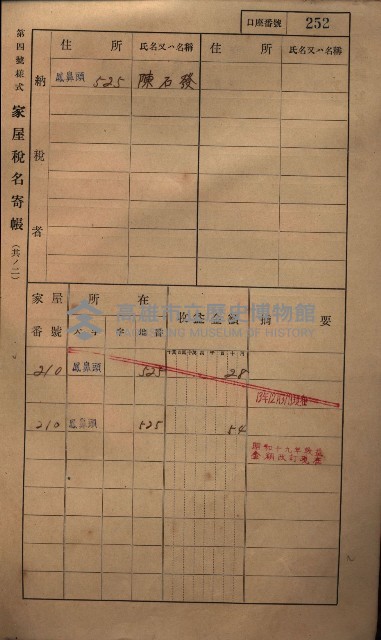 高雄州鳳山郡小港庄鳳鼻頭家屋稅名寄帳
（一冊之內第一號）藏品圖，第264張