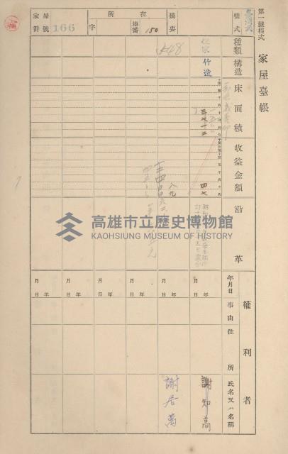 鳳山郡鳥松庄田草埔家屋臺帳
（二冊之內第一號）藏品圖，第164張