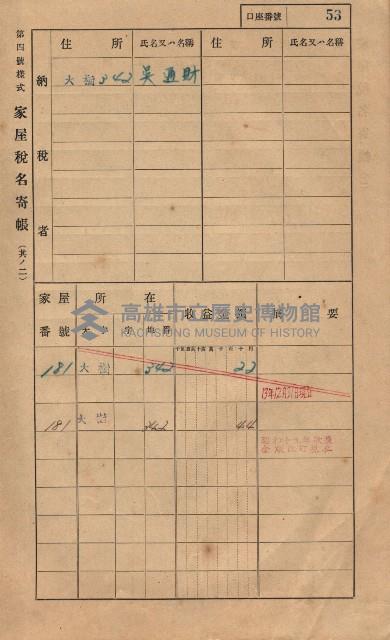 高雄州鳳山郡大樹庄大樹家屋稅名寄帳
（一冊之內第一號）藏品圖，第64張