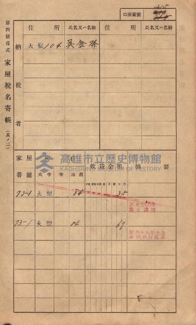 高雄州鳳山郡大樹庄大樹家屋稅名寄帳
（一冊之內第一號）藏品圖，第224張