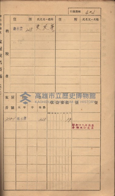 高雄州鳳山郡大樹庄無水寮家屋稅名寄帳
（二冊之內第二號）藏品圖，第204張