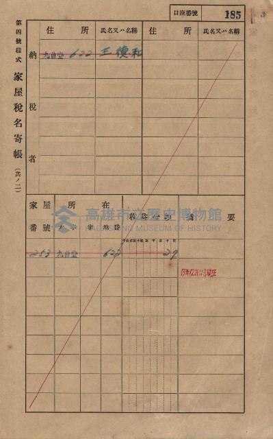 高雄州鳳山郡大樹庄九曲堂家屋稅名寄帳
（二冊之內第一號）藏品圖，第204張