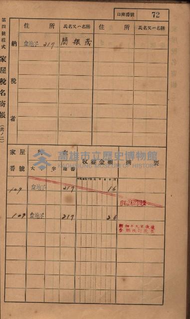高雄州鳳山郡小港庄塩水港、中大厝、空地子
家屋稅名寄帳（一冊之內第一號）藏品圖，第104張