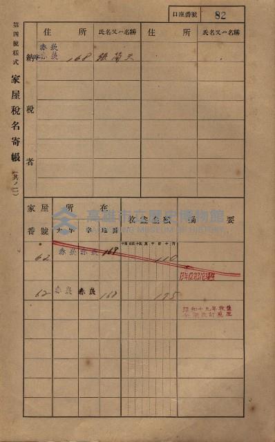 高雄州鳳山郡大寮庄赤崁家屋稅名寄帳
（三冊之內第一號）藏品圖，第104張