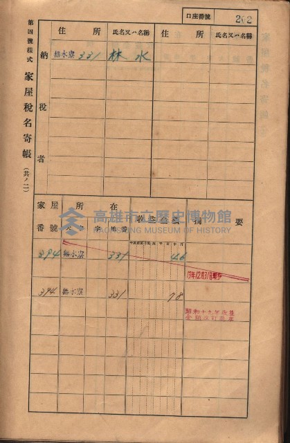 高雄州鳳山郡大樹庄無水寮家屋稅名寄帳
（二冊之內第二號）藏品圖，第4張