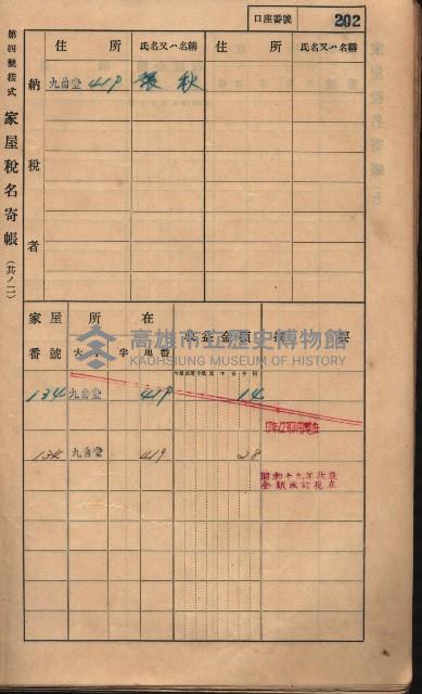 高雄州鳳山郡大樹庄九曲堂家屋稅名寄帳
（二冊之內第二號）藏品圖，第4張