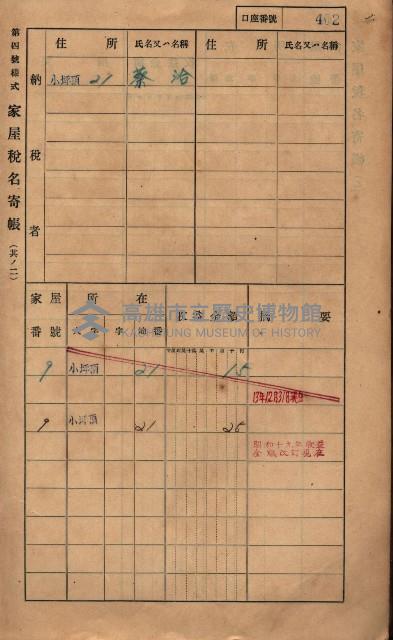 高雄州鳳山郡大樹庄小坪頂家屋稅名寄帳
（三冊之內第三號）藏品圖，第4張