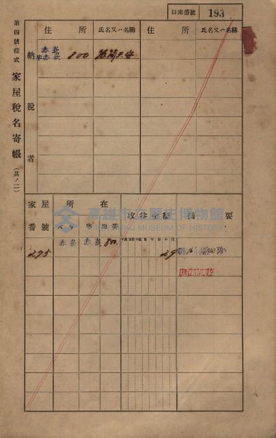 高雄州鳳山郡大寮庄赤崁家屋稅名寄帳
（三冊之內第一號）藏品圖，第214張