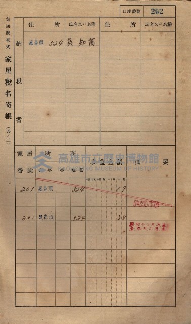 高雄州鳳山郡小港庄鳳鼻頭家屋稅名寄帳
（一冊之內第一號）藏品圖，第214張