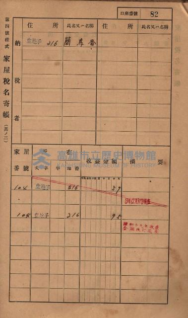高雄州鳳山郡小港庄塩水港、中大厝、空地子
家屋稅名寄帳（一冊之內第一號）藏品圖，第114張