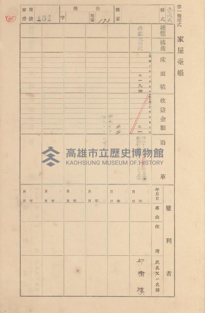 鳳山郡大寮庄拷潭家屋臺帳（一冊之內第一號）藏品圖，第114張