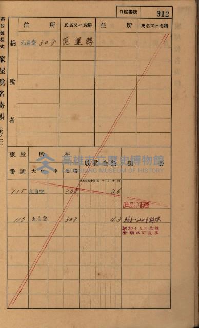 高雄州鳳山郡大樹庄九曲堂家屋稅名寄帳
（二冊之內第二號）藏品圖，第114張