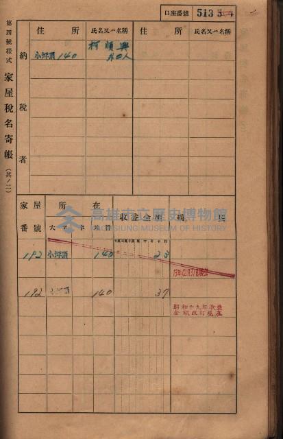 高雄州鳳山郡大樹庄小坪頂家屋稅名寄帳
（三冊之內第三號）藏品圖，第114張