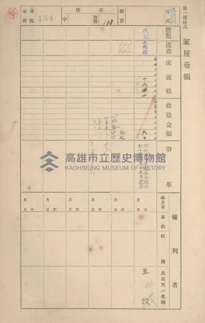 鳳山郡鳥松庄田草埔家屋臺帳
（二冊之內第一號）藏品圖，第154張