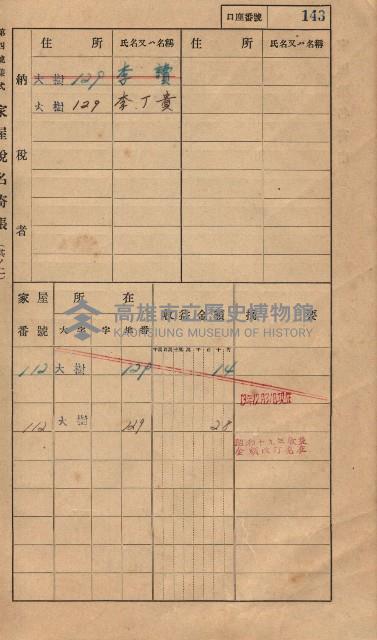 高雄州鳳山郡大樹庄大樹家屋稅名寄帳
（一冊之內第一號）藏品圖，第154張