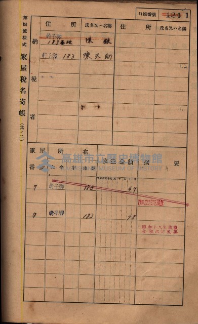 高雄州鳳山郡鳥松庄夢裡、崎子脚、十九灣家屋稅名寄帳
（一冊之內第一號）藏品圖，第154張