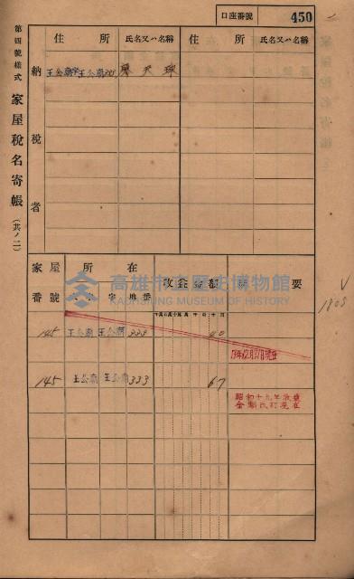 高雄州鳳山郡林園庄王公廟家屋稅名寄帳
（三冊之內第三號）藏品圖，第54張